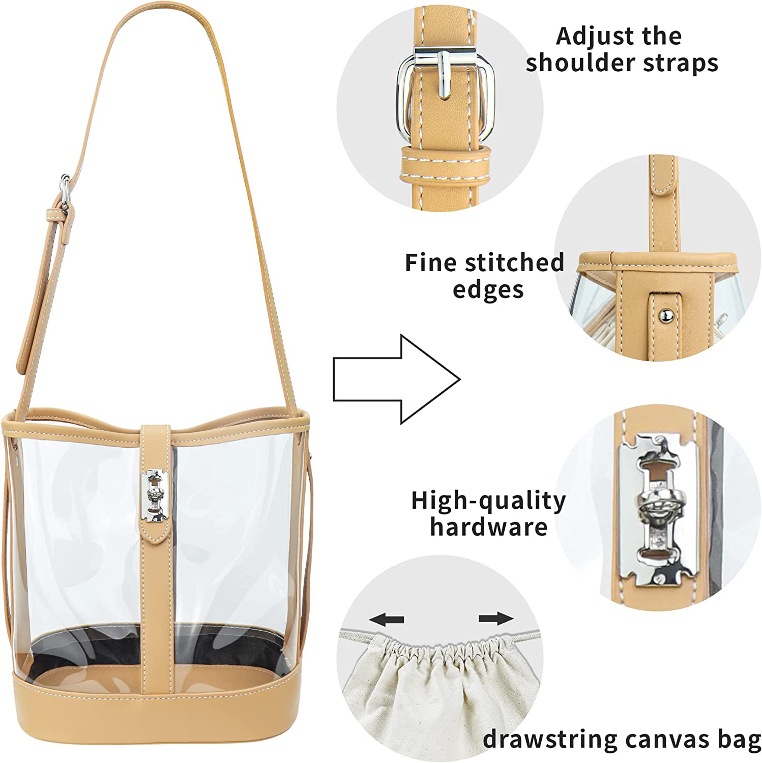 Studded Decor Bucket Bag Drawstring Design, Clear Bag
