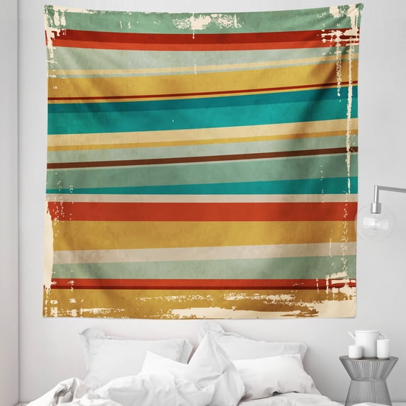 Brown and Blue Tapestry, Geometric Stripes Pattern Retro Inspired Lines Worn Frame Design Abstract, Fabric Wall Hanging Decor for Bedroom Living Room Dorm, 5 Sizes, Multicolor, by Ambesonne