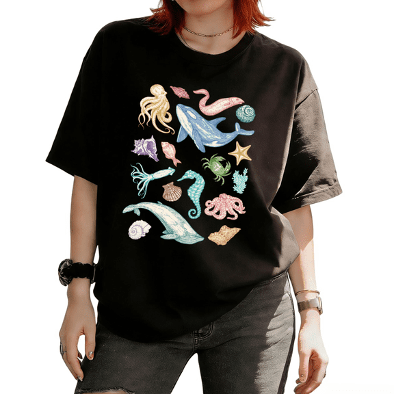 Cozymy Women's Ocean Life Sea Creatures Whale Octopus Graphic Tops Short Sleeve T-Shirt Casual Relaxed Fit
