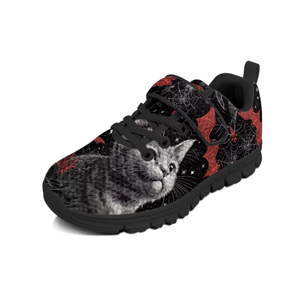 Pointodoor Black Cat Shoes for Girls Size 12.5 Red Bat Print School Knitted Mesh Walking Tennis Sneakers for Boys Halloween Running Shoes with Single Buckle for Kids