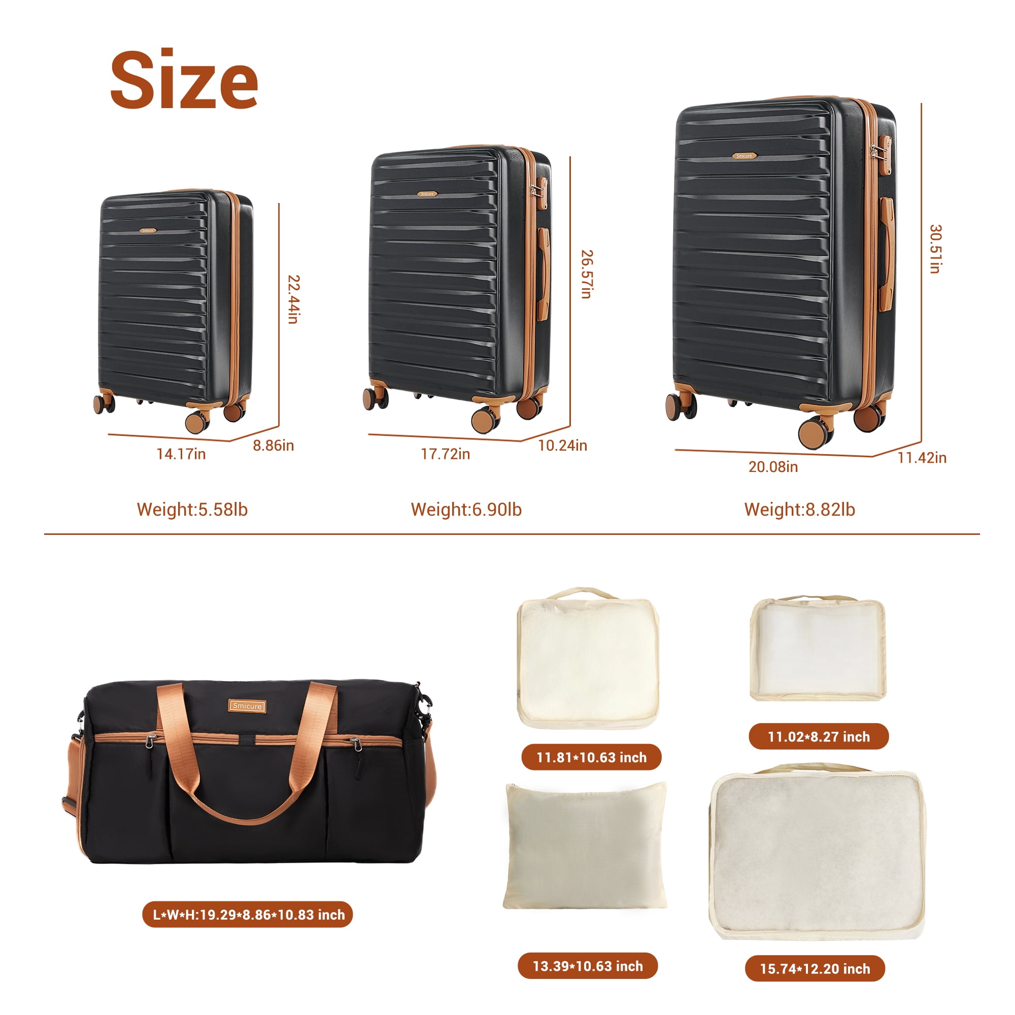 Hardside Luggage Sets 3 Piece, Hardshell Suitcase TSA Lock Spinner Wheel with Travel Duffle Bag and 4 Packing Cube.Black