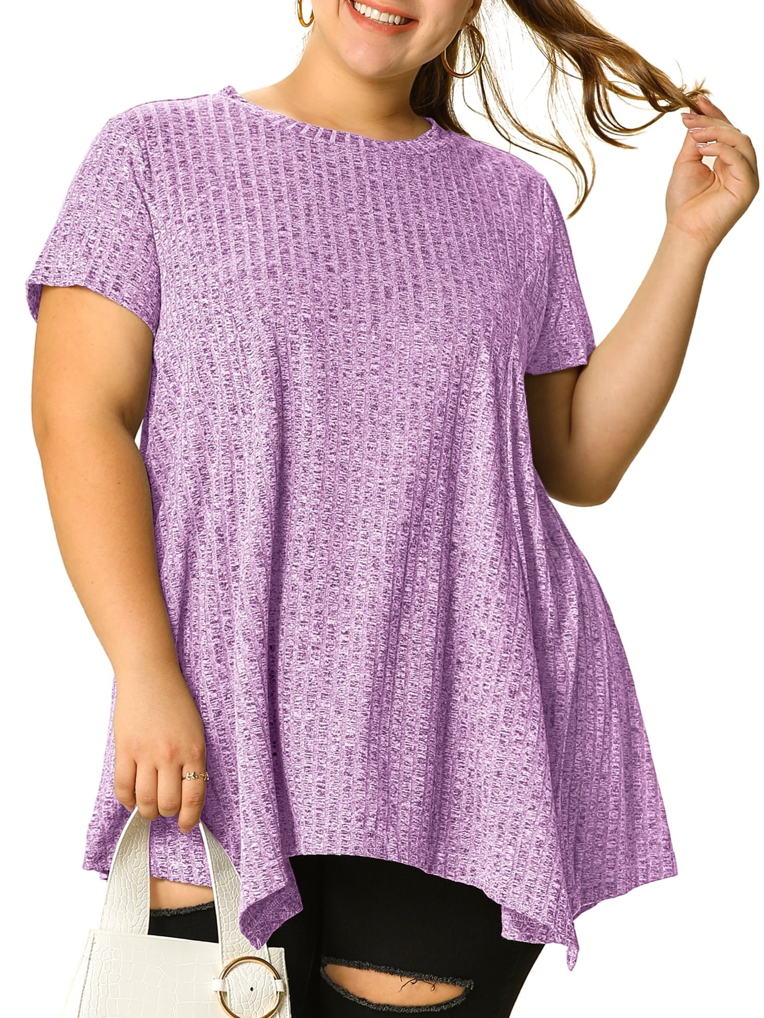 Unique Bargains Juniors' Plus Size Short Sleeve Tunic Handkerchief Hem Summer Casual Top 1X Purple