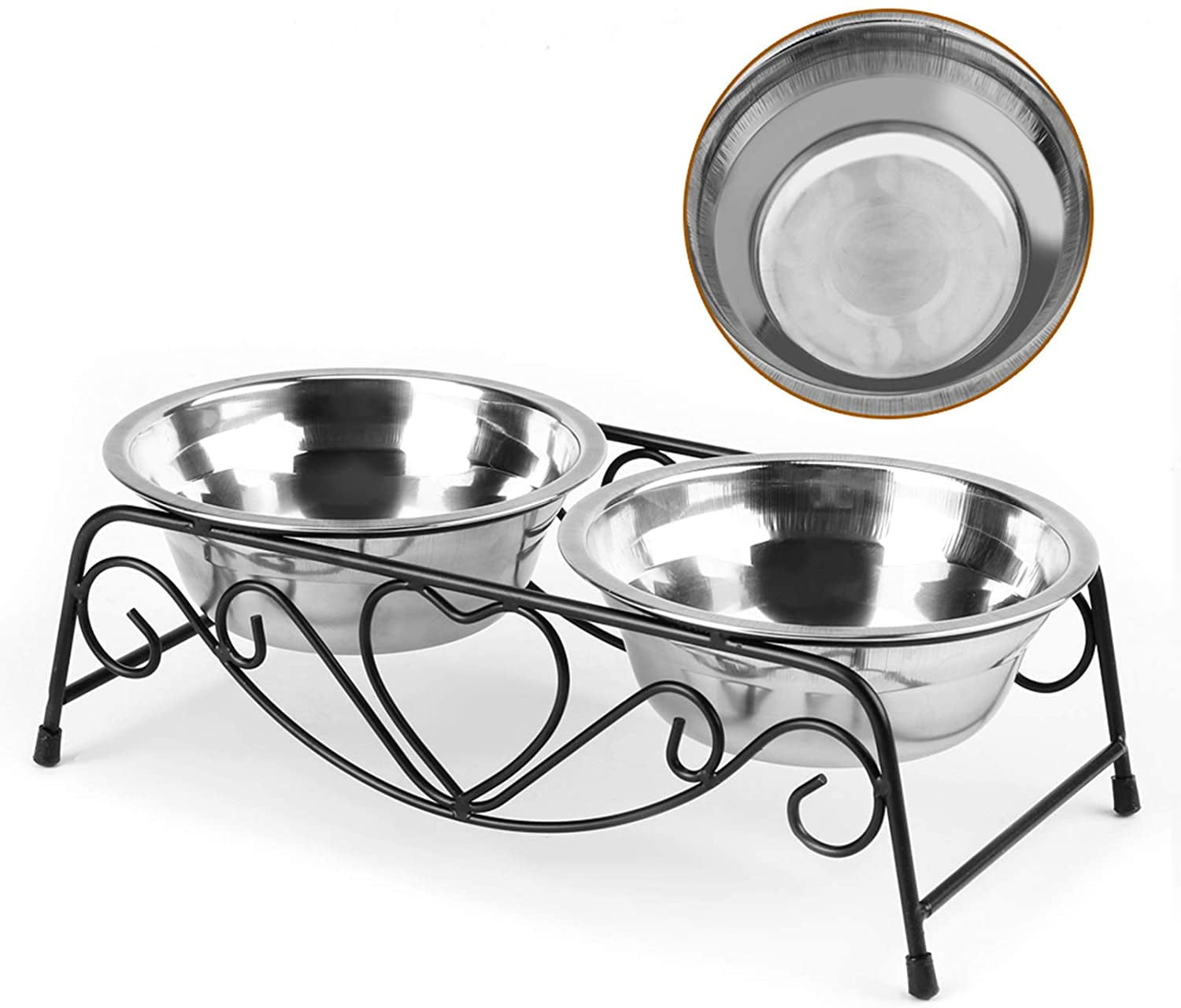 ABCISI Raised Pet Bowls, Stainless Steel Double Dog Cat Food Water Bowls, Feeder Dishes Shelf Stand, Retro Iron Elevated Pet Bowl Stand for Family, 10.2 X 5.5 X 3.3