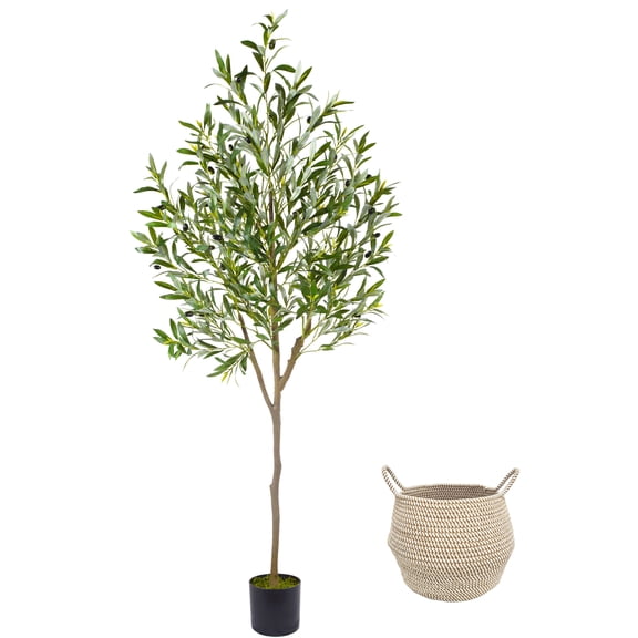 Warmplants 6ft Artificial Olive Tree, Fake Olive Plant with Woven Basket, Indoor Olive Topiary Silk Tree for Home Livingroom Office Decor