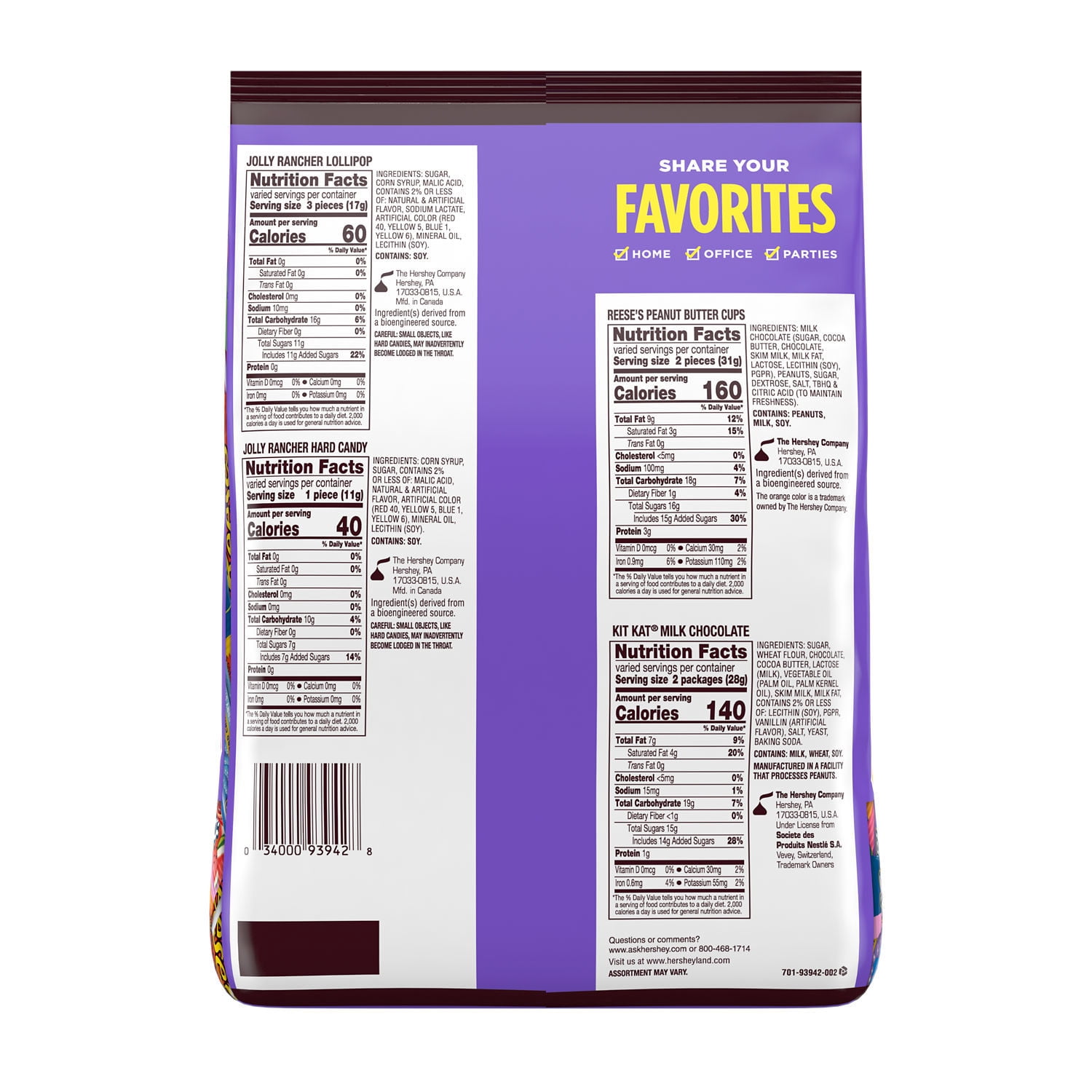 Jolly Rancher, Kit Kat And Reese's Assorted Flavored Snack Size Candy, Party Pack 34.19 oz