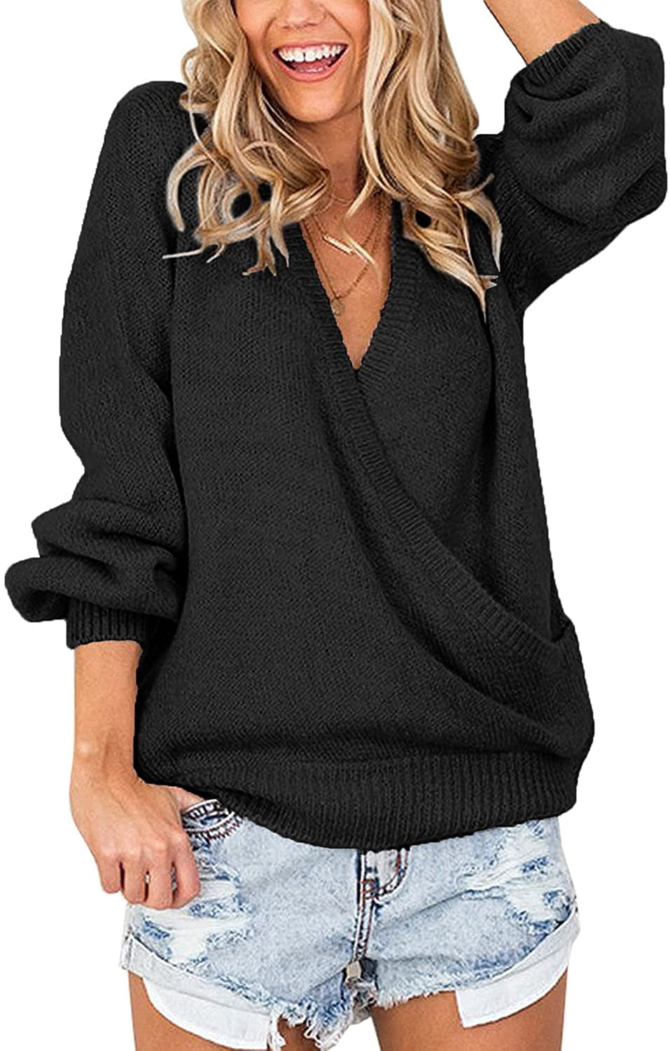 Sweater Neck Long Sleeve Top Womens Black Deep V