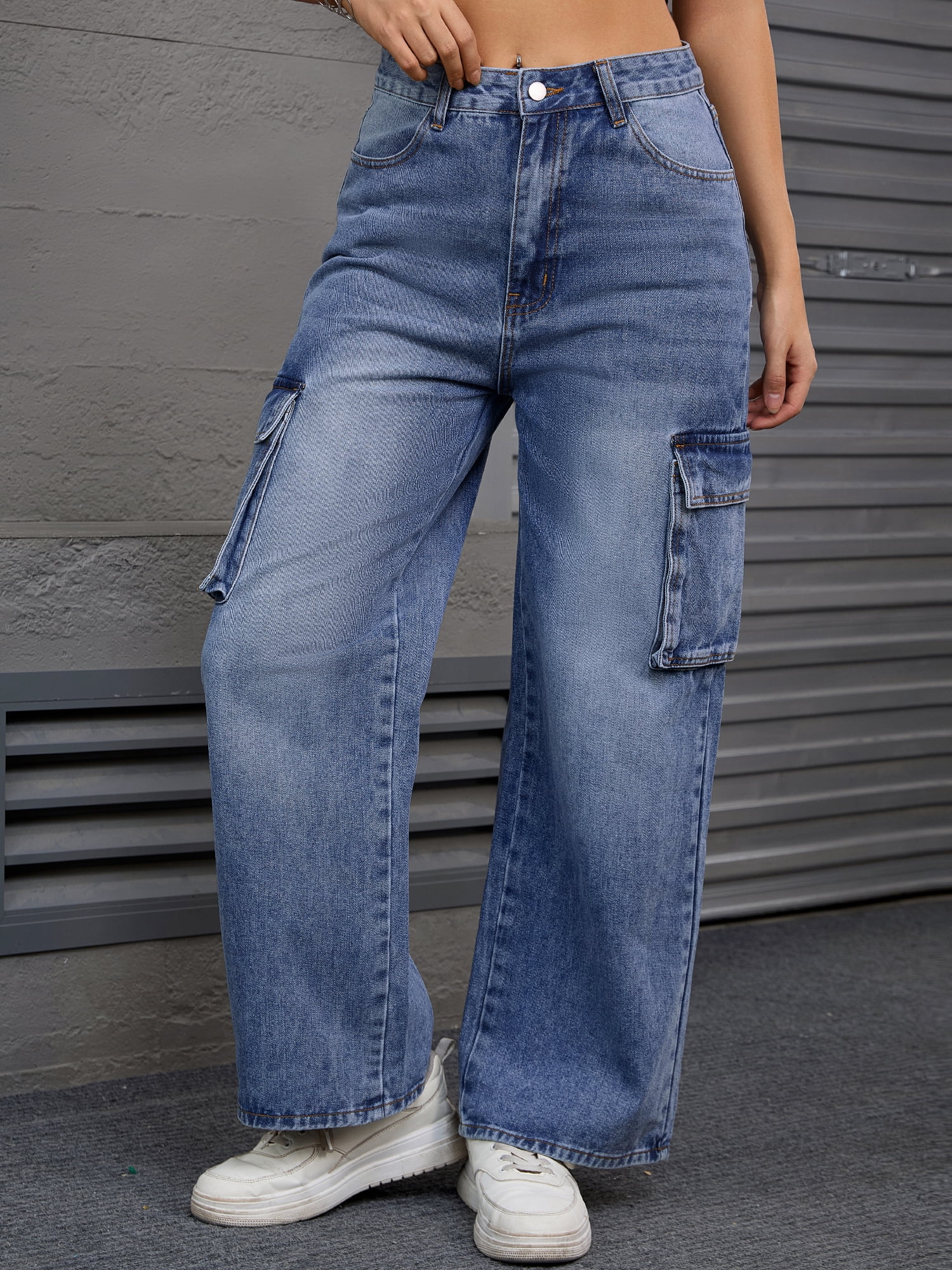 Unique Bargains Women's High Waisted Casual Wide Leg Baggy Denim Pants L Blue