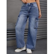 Unique Bargains Women's High Waisted Casual Wide Leg Baggy Denim Pants M Blue