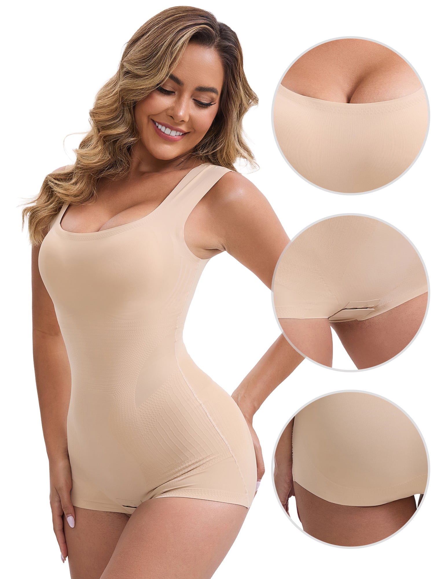DARING DIVA Women's Shapewear Slimming Waist Tummy Control Body Suits Crotch L Apricot