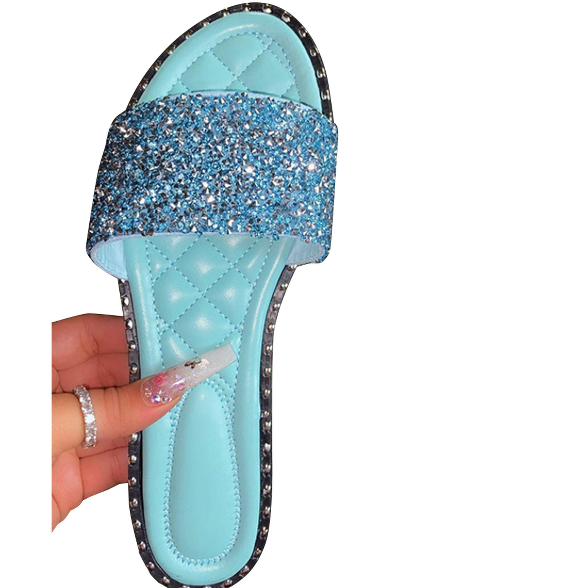 Womens Sliders Embellished Mules Slippers Glitter Diamante Comfy Slip On Shoes 