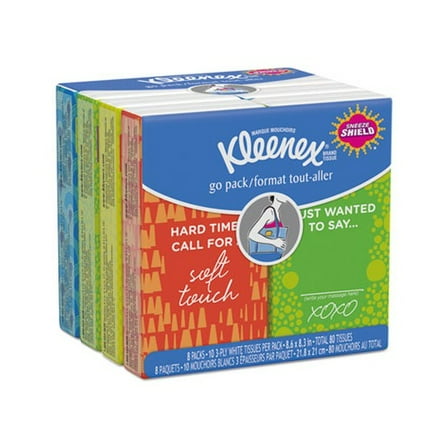 On The Go Packs Facial Tissues 3-Ply, White, 10 Sheets/Pouch, 8 Pouches/Pack, 12 Packs/Carton