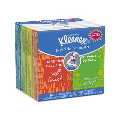 On The Go Packs Facial Tissues 3-Ply, White, 10 Sheets/Pouch, 8 Pouches/Pack, 12 Packs/Carton