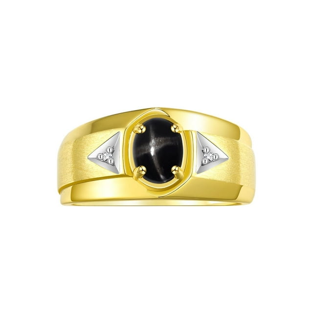 RYLOS Men's Rings 14K Yellow Gold Classic 7X5MM Oval Gemstone & Diamond Ring Black Star Sapphire March Birthstone Rings For Men, Gold Rings Size 9