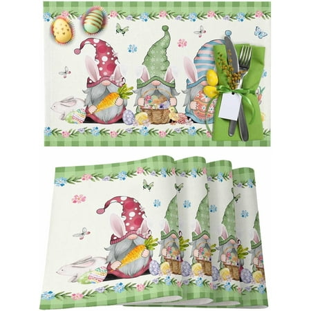 

Easter Placemats Set of 4 Easter Eggs Gnome Bunny Placemat for Dining Table Decorations Green Buffalo Plaid Place Mats Spring Table Mats for Kitchen Dinner Seasonal Holiday Party Decor