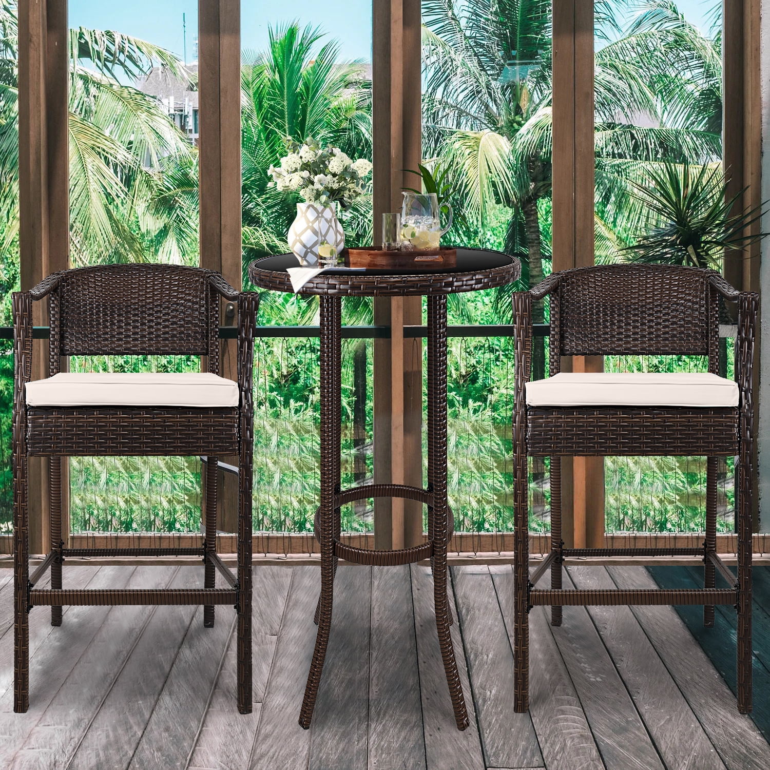 Outdoor Wicker High Top Table and Chairs, 3PCS Patio Bar Height Pub
