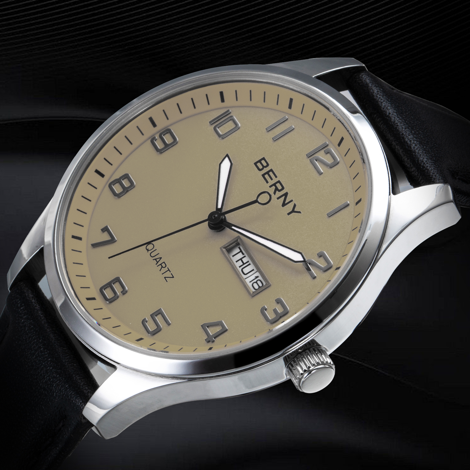 BERNY Modern Quartz Watch for Men Casual Easy Read Wristwatch with Arabic Numeral Watch Dial, Genuine Leather Strap and Day & Date Calendar-Gray Dial