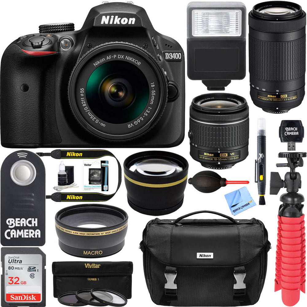 Nikon D3400 24.2 MP DSLR Camera + AF-P DX 18-55mm & 70-300mm NIKKOR Zoom Lens Kit + 32GB Memory Bundle + Nikon Bag + Wide Angle Lens + 2x Telephoto Lens + Flash + Remote +Tripod+Filters (Black)
