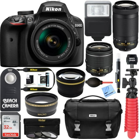 Nikon D3400 24.2 MP DSLR Camera + AF-P DX 18-55mm & 70-300mm NIKKOR Zoom Lens Kit + 32GB Memory Bundle + Nikon Bag + Wide Angle Lens + 2x Telephoto Lens + Flash + Remote +Tripod+Filters