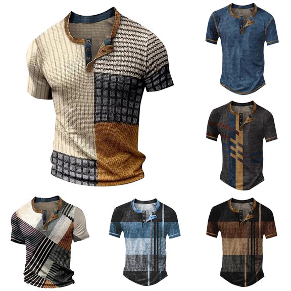 WERYOUNG Mens T-Shirts Summer Color Block Retro Tees Short Sleeve Button Down Casual Tees Comfortable Tops L