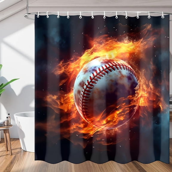Flame Baseball Shower Curtains, Sports Theme Waterproof Fabric Shower Curtain, Washable Polyester Bath Curtain for Bathroom 36"W X 72"H