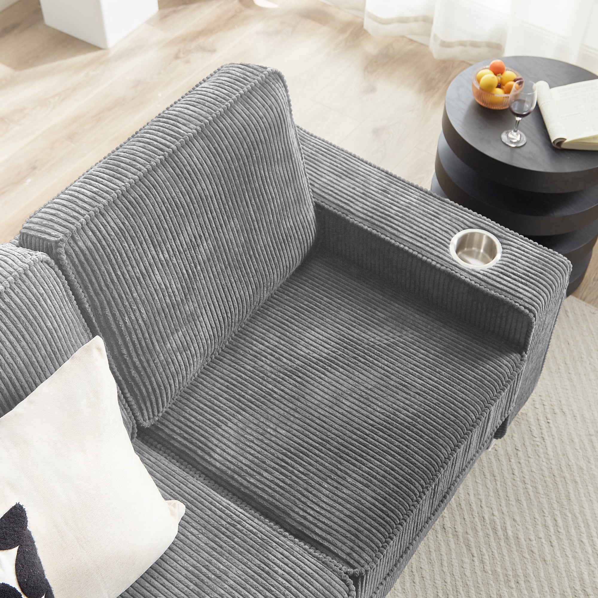 83.86" Large Sofa with Extra Deep Seats,Comfy Corduroy Couch with Cupholders,3 Seater Sofa for Living Room,Bedroom,Office,Gray+Corduroy