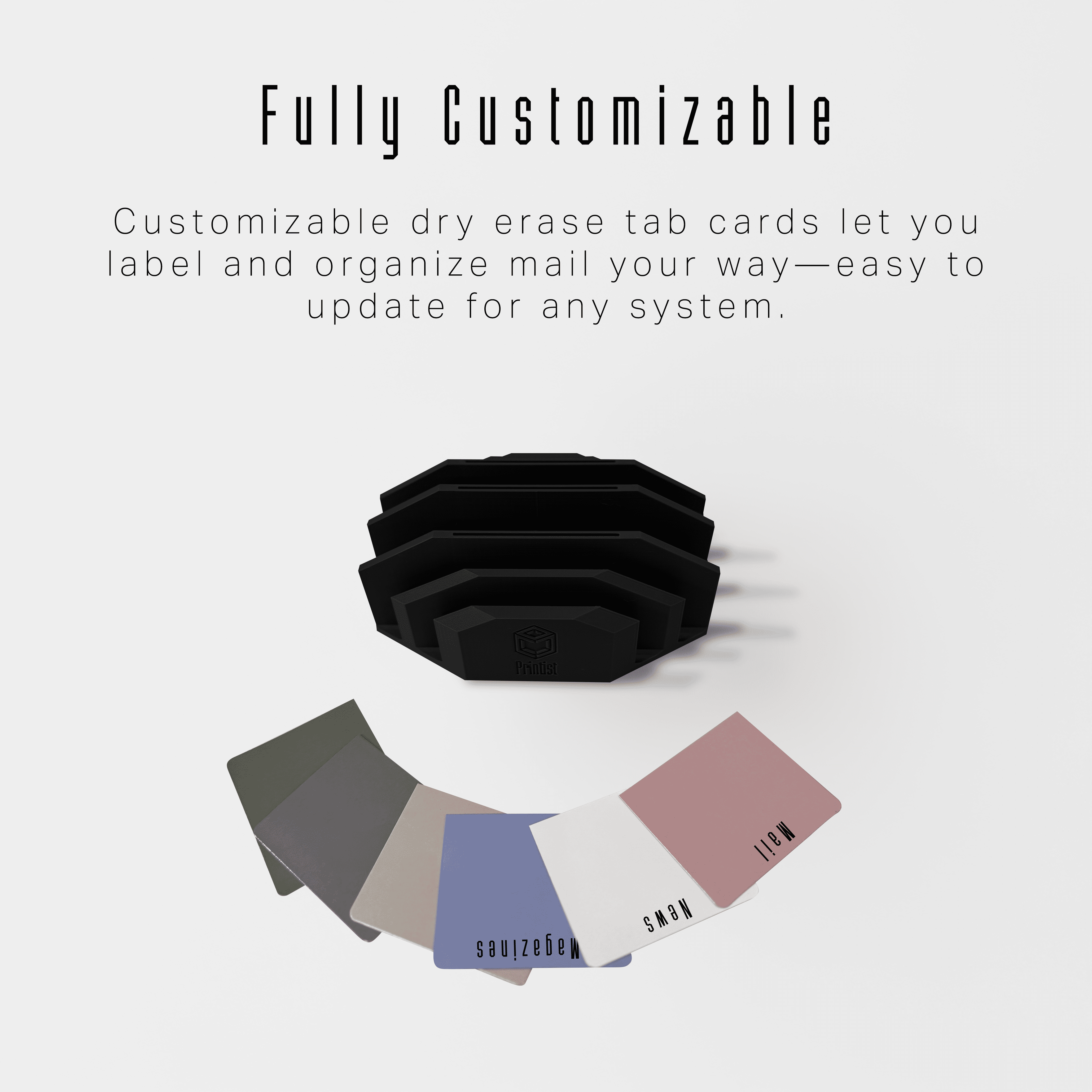 Modern Minimalist Mail Organizer (Black) – Compact Desk Mail Holder with Tabs & Small Storage– 3D Printed in Multiple Colors