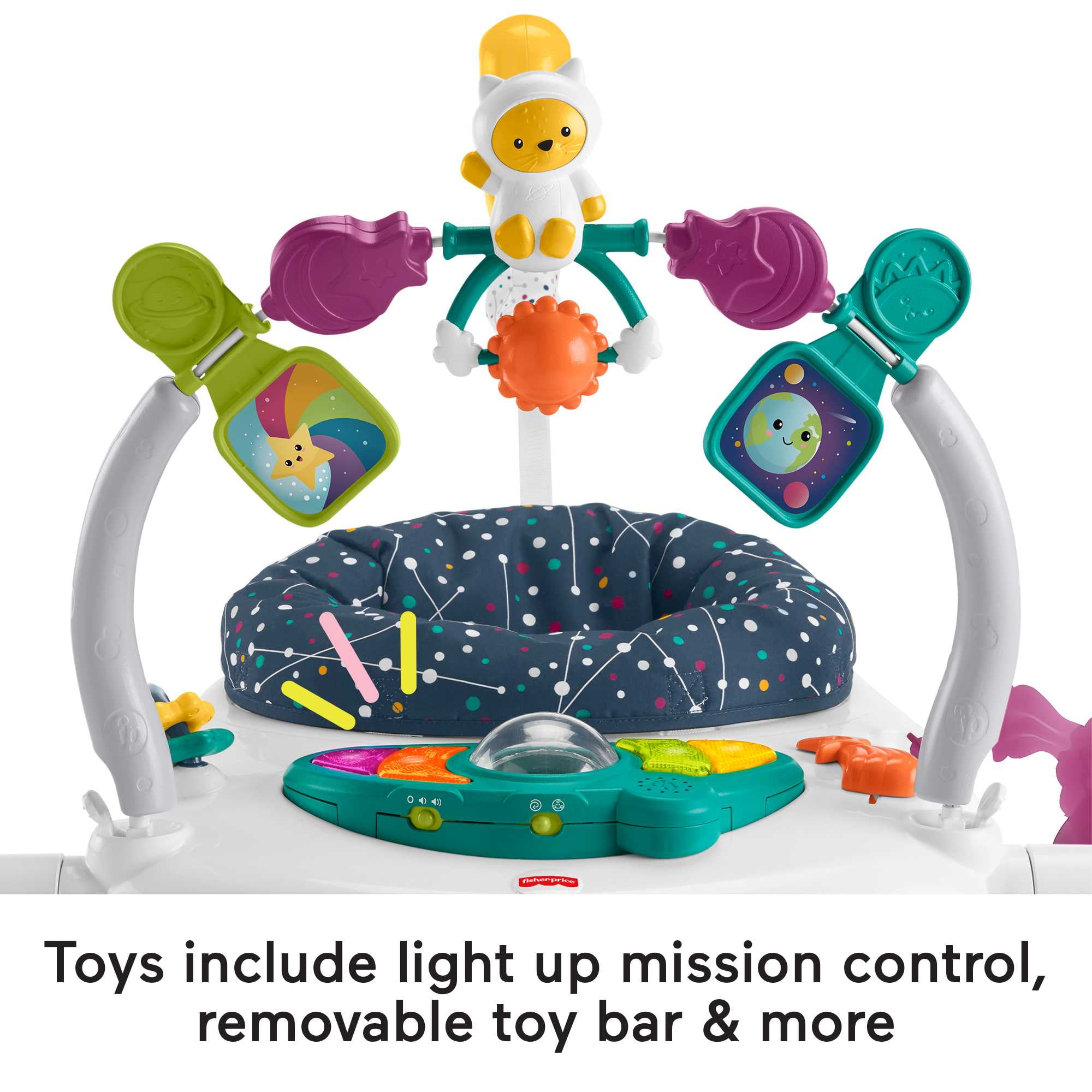Fisher-Price Baby Bouncer Activity Center Jumperoo SpaceSaver with Lights & Sounds, Astro Kitty