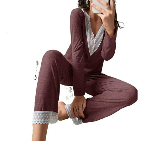 

Women s Pajama Sets Maroon Casual Colorblock V neck Pant Sets Long Sleeve