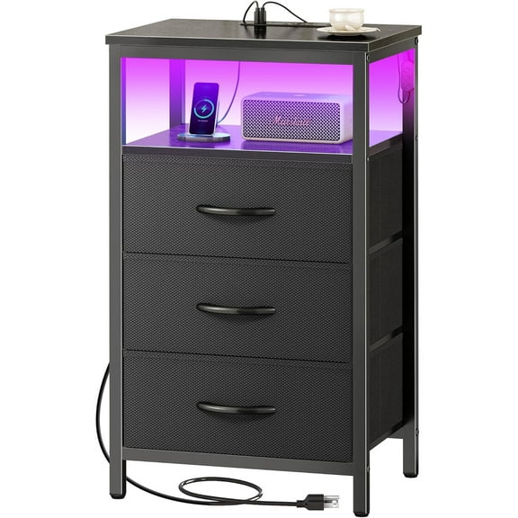 Night Stand with Charger Station and LED Lights, 3 Drawer Nightstand, Bed Side Table with Open Shelf, End Table, Tall Fabric Dresser for Bedroom, Black