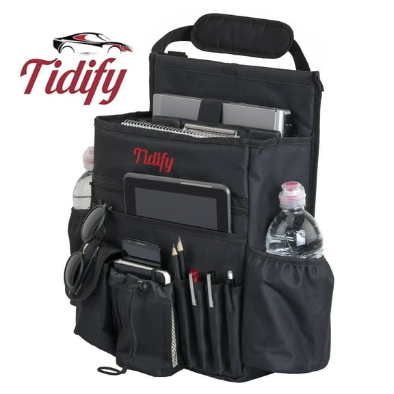 Tidify Velcro Sleeve Front Seat Car Organizer with Stabilizing Side Straps, Black, Fits Laptops up to 16 Inches