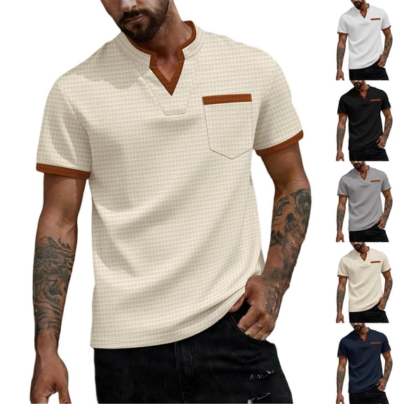 Men's Waffle Knit Henley T-Shirt Notch V Neck Short Sleeve Casual Summer Beach Top Color Block Breathable Shirt Regular Fit Lightweight Fashion Tee with Pocket