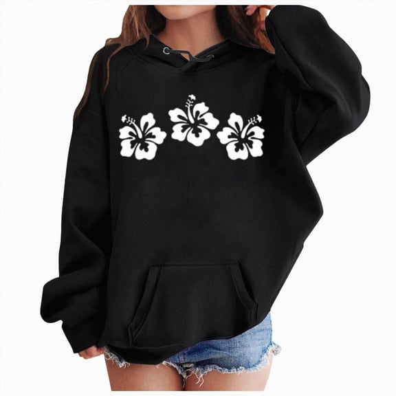 Nwiuh Cute Pink Hoodie Kids Girls Aesthetic Preppy Flower Puff Hoodies Kawaii Hawaii Palm Beach Graphic Pullover (Black, 11-12 Years)