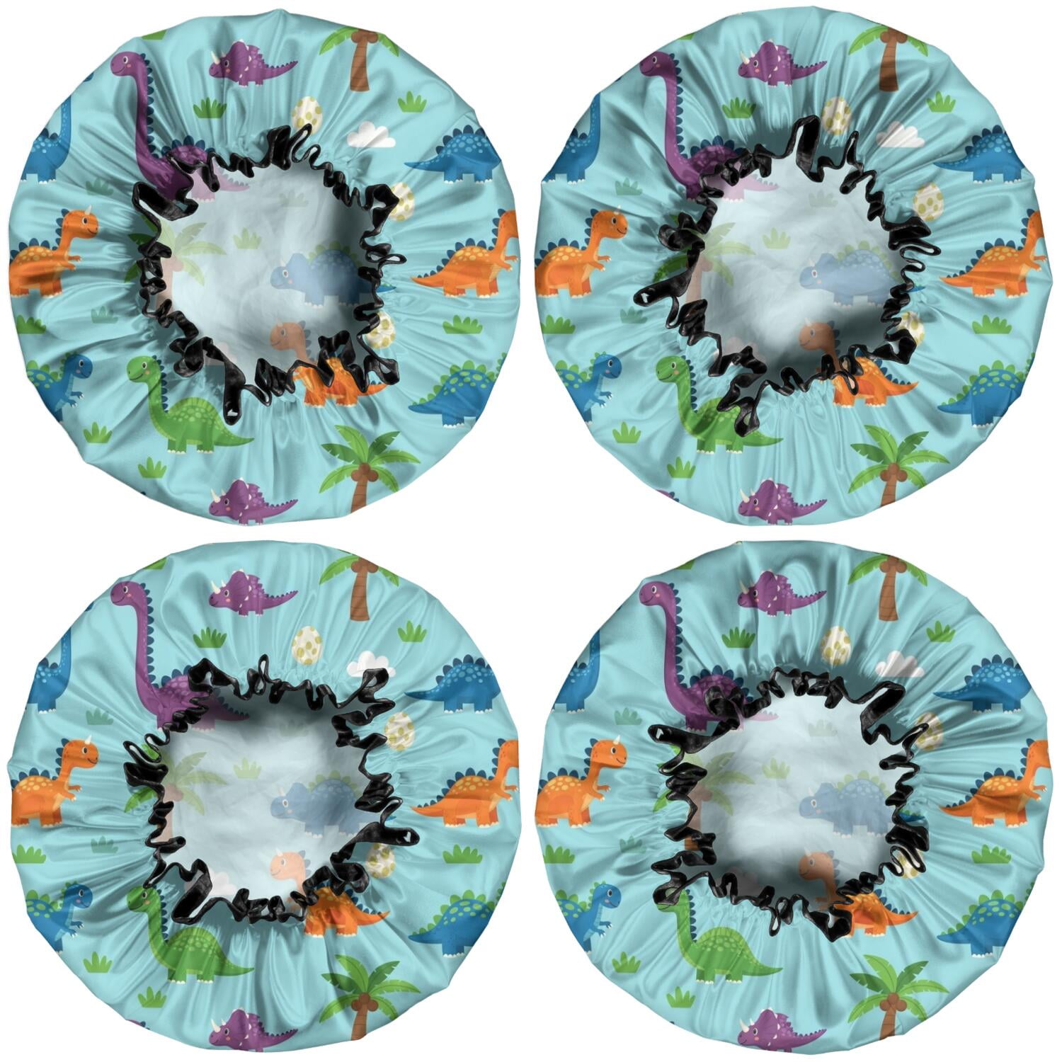 Shower Caps,Light Blue Dinosaurs Palms Eggs Pattern Waterproof Shower Cap for Women 4 Pieces,Double Reusable Hair Cover for Shower PEVA Elastic Stretch Hem