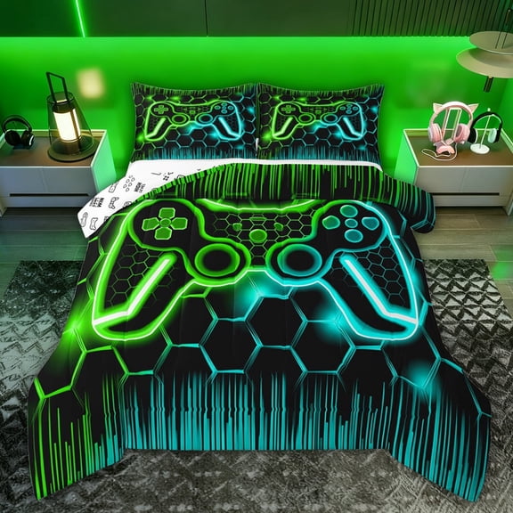 Castle Fairy Ombre Video Game Twin Comforter Sets,Teens Honeycomb Gamepads Bedding Set