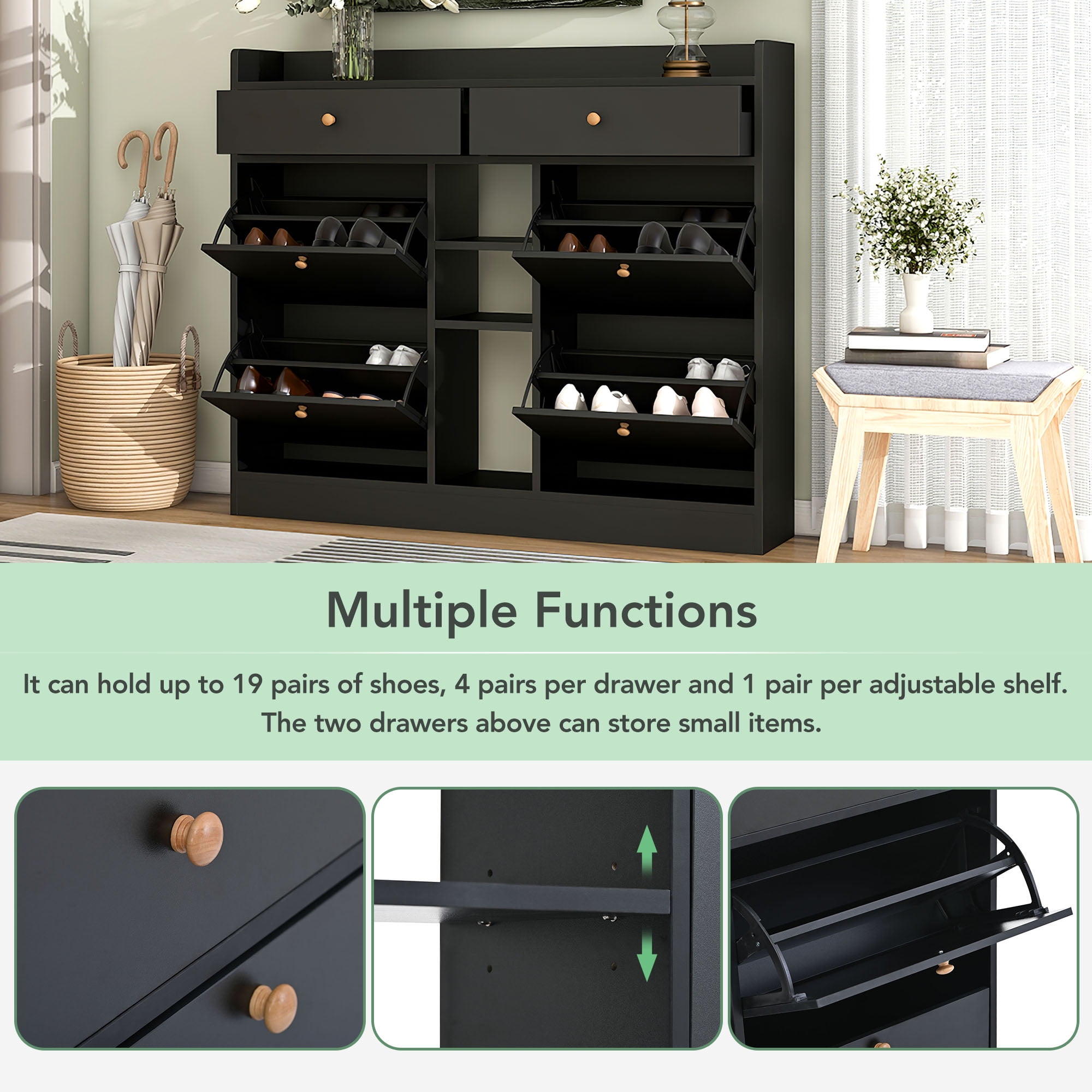 Aukfa Modern 4 Flip Drawers Shoe Cabinet for Entryway Free Standing Shoe Organizer - Black