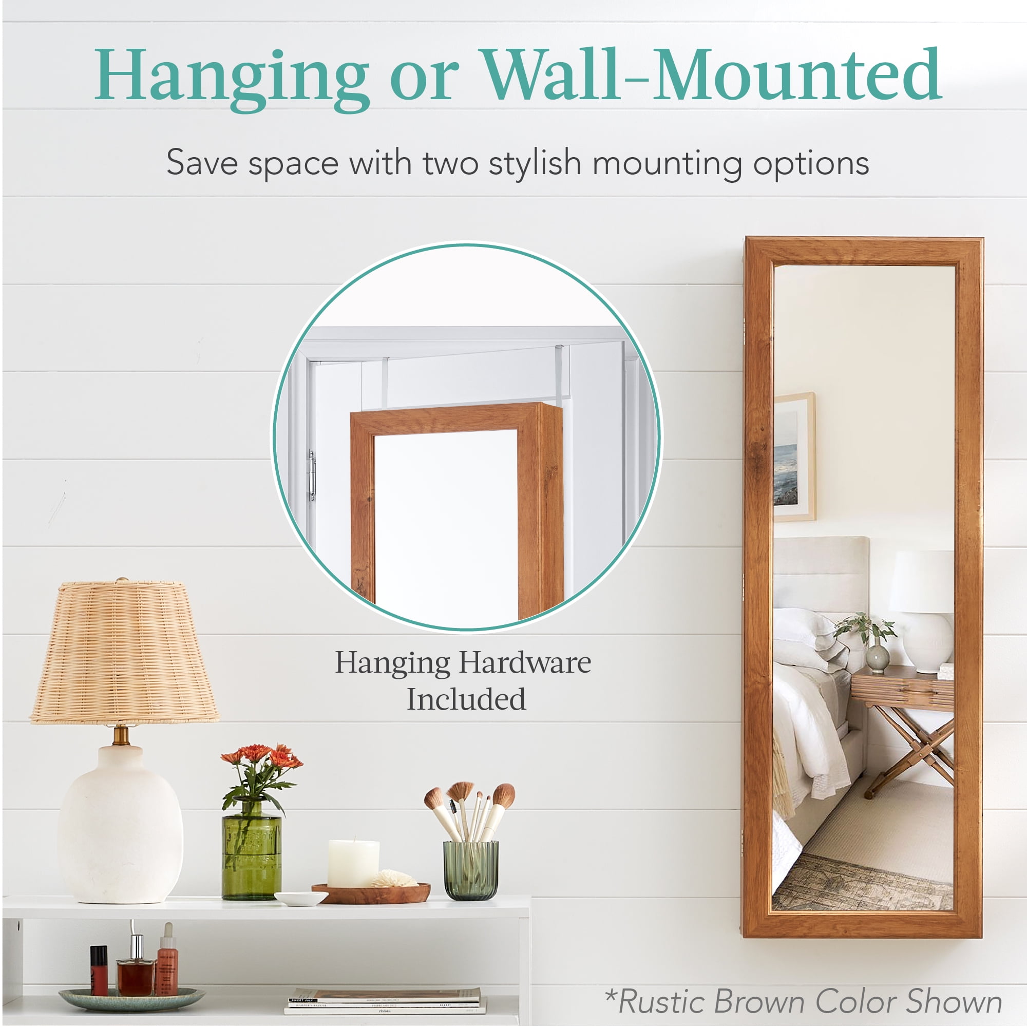 Best Choice Products Hanging Mirror Jewelry Armoire, Door or Wall Mounted Cabinet w/ LED Lights, Lock - Gray Oak