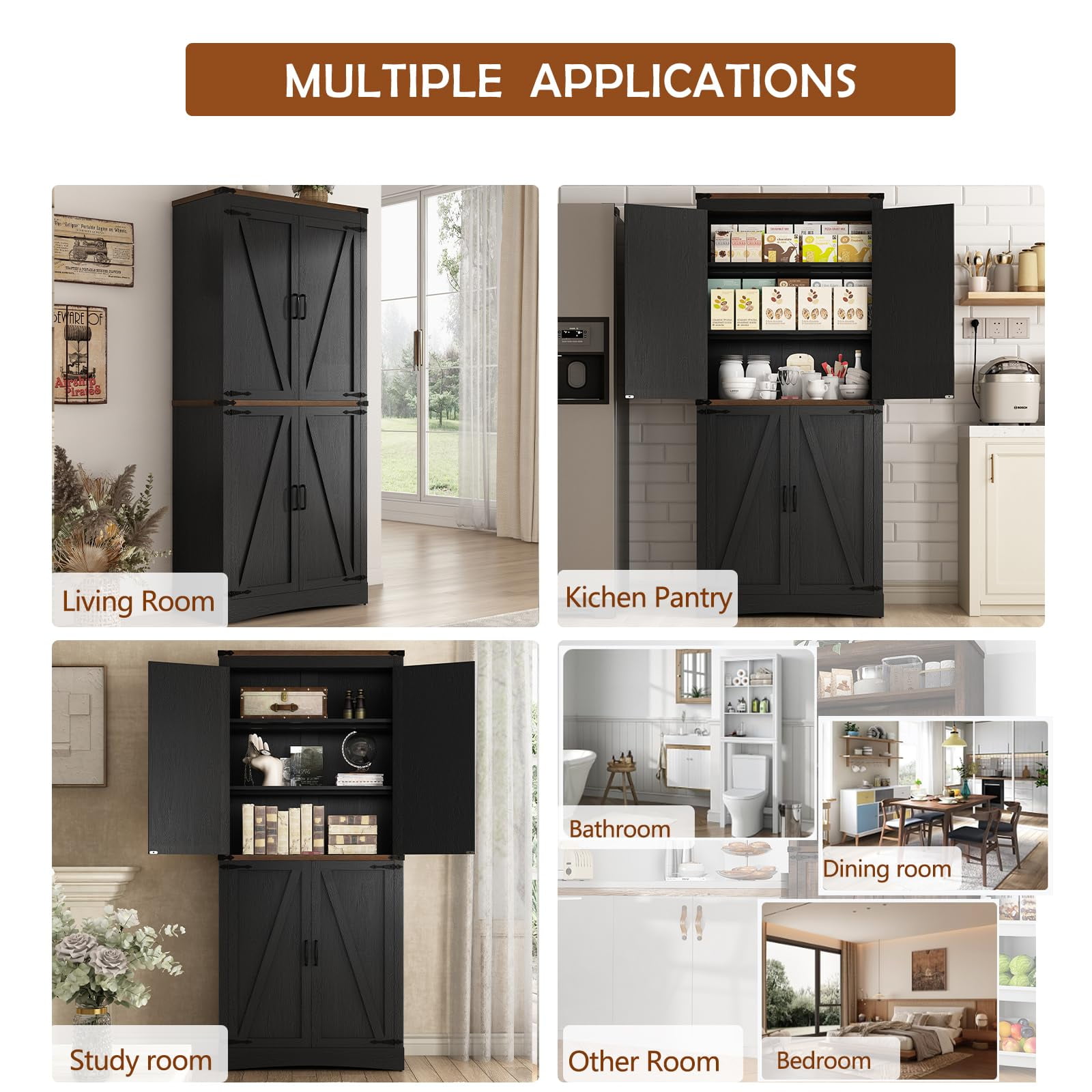 71" Tall Farmhouse Kitchen Pantry Storage Cabinet, 5 Layers Storage Cabinet with Adjustable Shelves, Pantry Cabinet with 4 Barn Doors for Kitchen, Dining Room, Bathroom, Living Room, Rustic Black