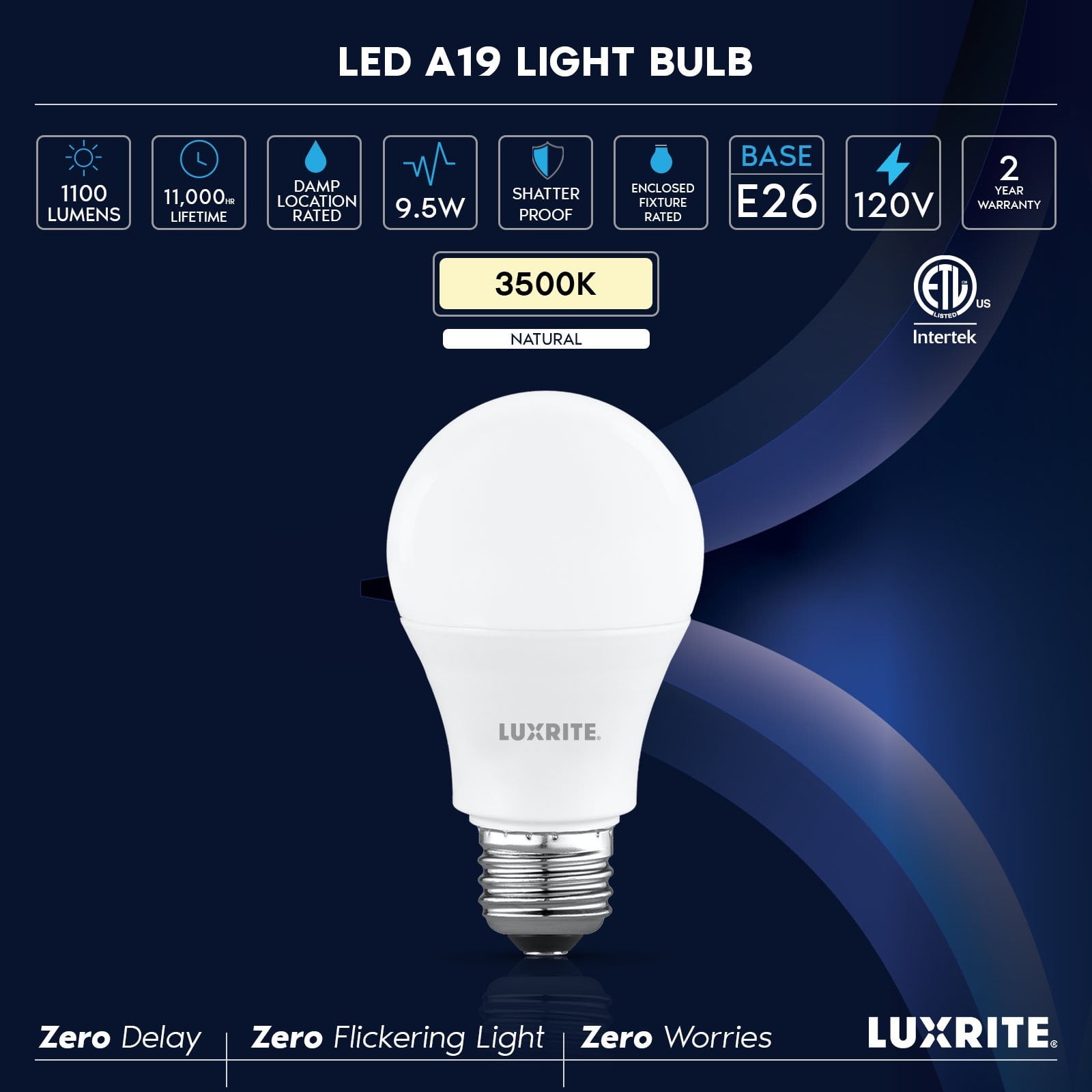 Luxrite A19 LED Light Bulb 9.5W=75W 3500K 1100 Lumens Non-Dimmable E26 Base Enclosed Fixture Rated Damp Rated ETL 96-Pack