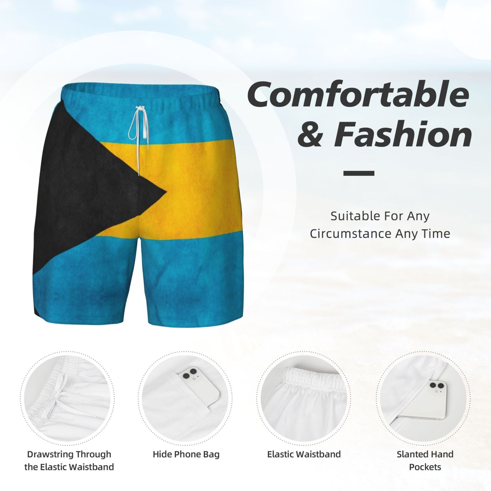 Men's Retro Bahamian Flag Swim Trunks with Compression Liner Bathing Suit Swimwear