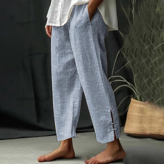 PInxai Womens Cotton Linen Pants Summer Elastic Waisted Casual Trousers Loose Fitting Lightweight Striped Side Split Vacation Pants with Pockets
