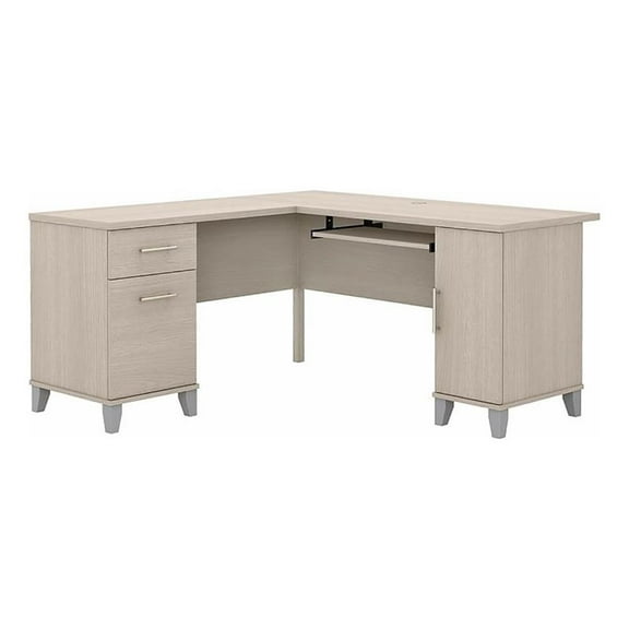UrbanPro 60" Transitional Engineered Wood L Shaped Desk with Storage in Sand Oak