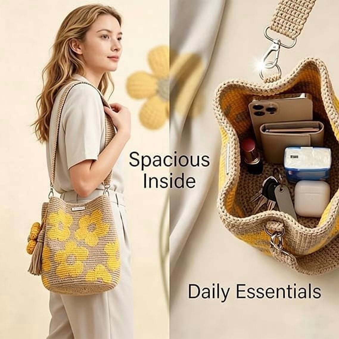 Handmade Crochet Flower Tote, Boho Knit Floral Woven Purse Bag, Hand Woven Knit Shoulder Crossbody Bag for Women Summer Beach Vacation, Large Capacity Woven Bag