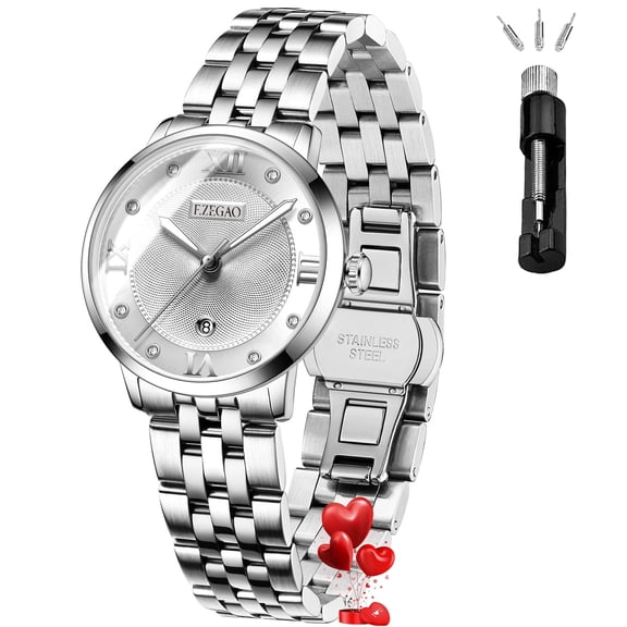 Analog Watches for Women, Diamond Luxury Women Dress Watches, Waterproof Date Display Royal Silver