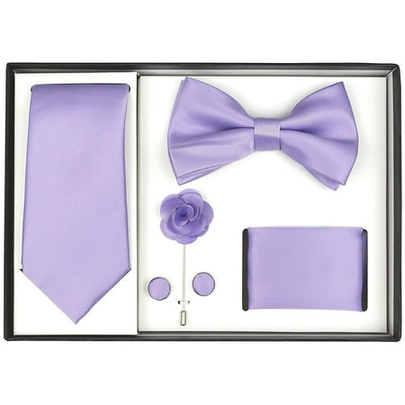 Berlioni Men's Handmade Microfiber Tie Bowtie Lapel Hanky Cufflinks Gift Box Set (Lilac)