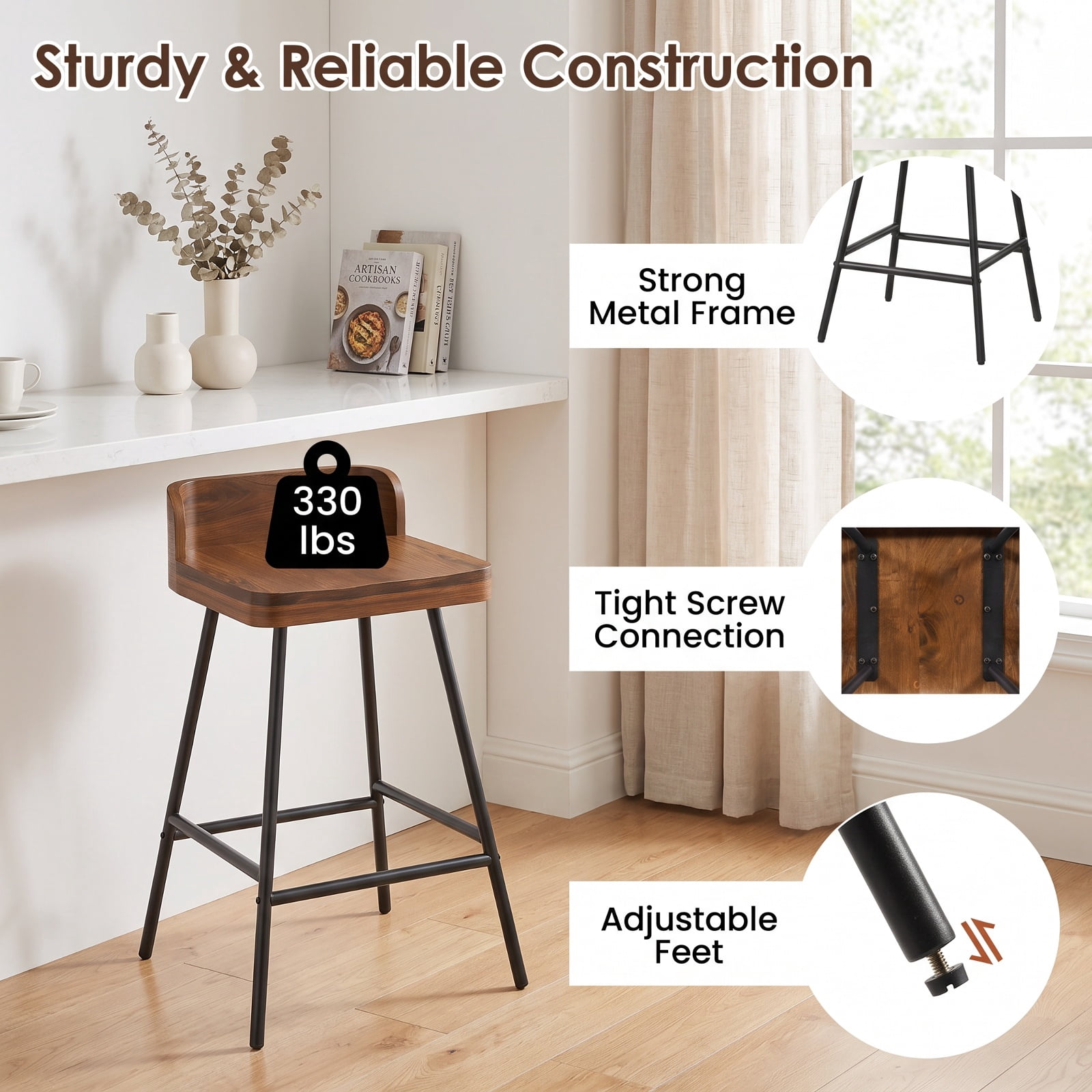 Furnibear 24" Industrial Rubber Wood Bar Stool with Low Back Metal Legs and Footrest for Kitchen Island Counter Bar Pub Dining Home, Brown