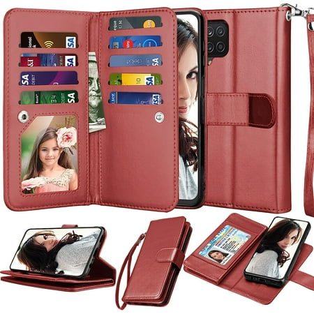 NJJEX Wallet Case for Samsung Galaxy A03S A12 A13 A14 A23 A32 A51 A52 A53 A54 5G Case,[9 Card Slots] PU Leather Credit Holder Folio Flip [Detachable] Kickstand Lanyard Magnetic Phone Cover [Wine Red]