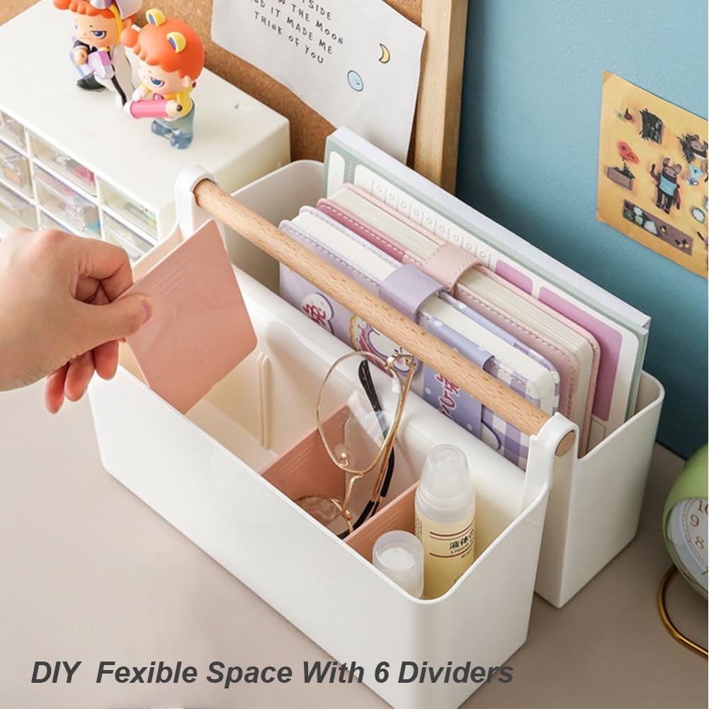 Marker Organizer, Art Caddy with Handle, Art Supply Storage Organizer with Adjustable Dividers, Portable Storage Bin for Craft Supplies Colored Pencils Makeups Tools Pen Holder for Desk