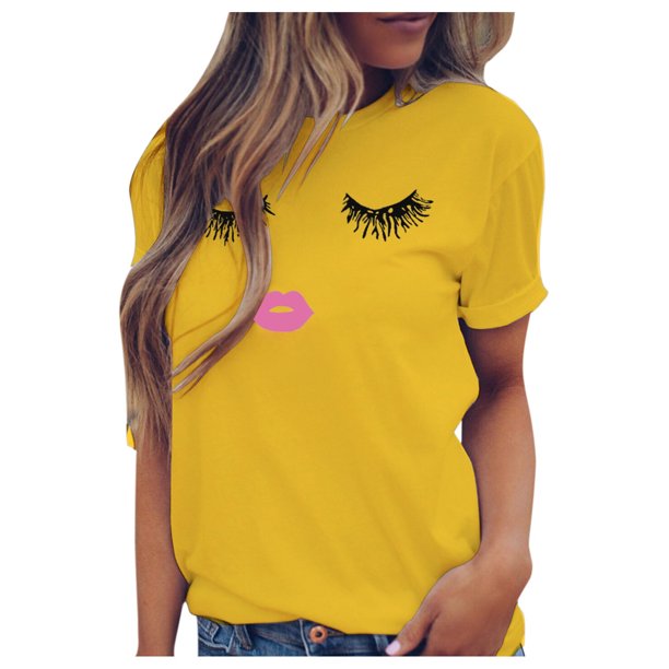 Hecho para Más Camisa Mujeres Sudadera de Manga Corta con Patrón Casual con Diseño de Pestañas Impreso, Cuello Redondo para el Hogar Y el Trabajo