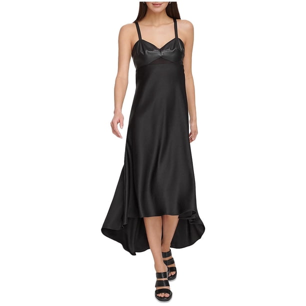DKNY Womens Faux Leather Mix Media High-Low Dress, black, 8