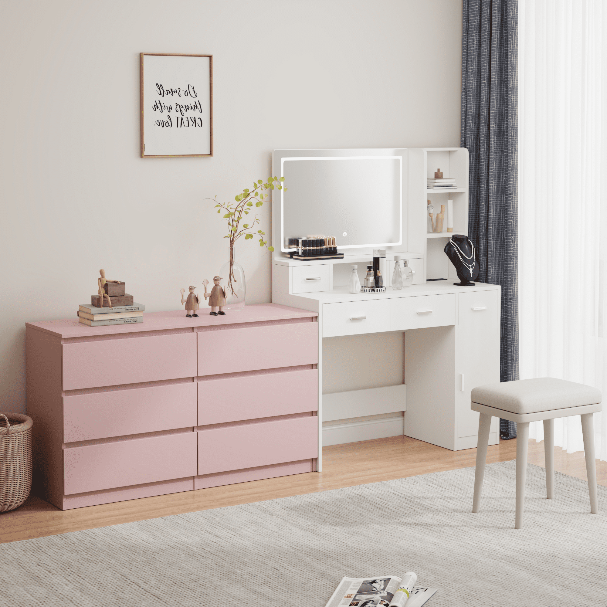 Lunale 6 Drawer Wide Dressers Chest for Bedroom, Storage Drawer Organizer with Modern Minimalist Design, Pink